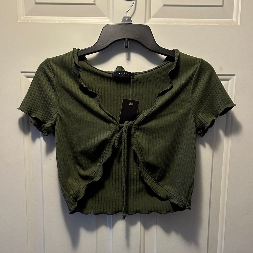 Olive Ribbed Tie-Front Top